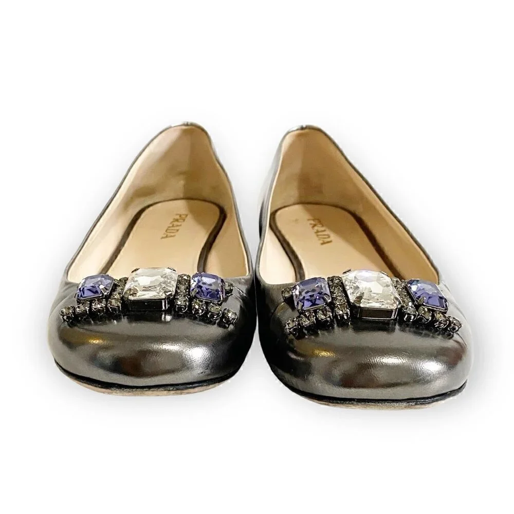 Prada pewter leather jewelled flats, size 38.5 EU